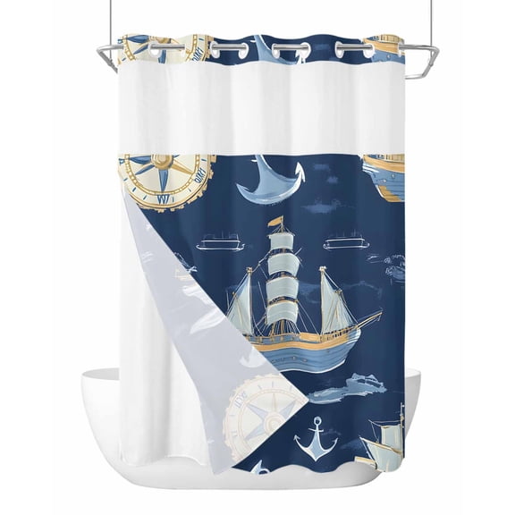 Anzona No Hook Shower Curtains, Navy Blue Boat Coastal Standard Bathroom Curtains with Snap in Liner, Nautical Sea Summer Ocean Waterproof Washable Fabric Bathroom Shower Curtain Sets, 60" x 72"