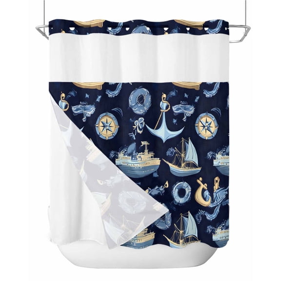 Anzona No Hook Shower Curtains, Navy Blue Coastal Long Bathtub Curtains with Snap in Liner, Nautical Boat Ocean Summer Beach Waterproof Washable Fabric Bathroom Shower Curtain Sets, 72" x 78"
