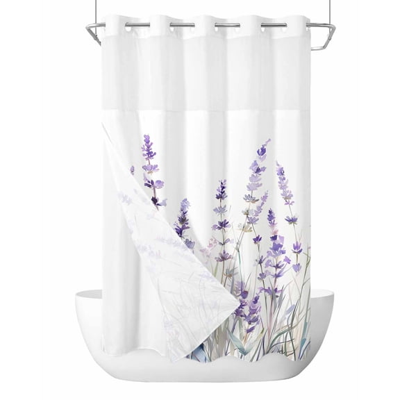 Anzona No Hook Shower Curtains, Purple Spring Floral Small Shower Curtains with Snap in Liner, Summer Flowers Botanical Waterproof Washable Fabric Bathroom Shower Curtain Sets, 36" x 78"