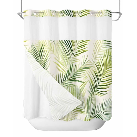 Anzona No Hook Shower Curtains, Sage Green Palm Leaf Standard Bathtub Curtains with Snap in Liner, Summer Botanical Modern Art Waterproof Washable Fabric Bathroom Shower Curtain Sets, 72" x 72"