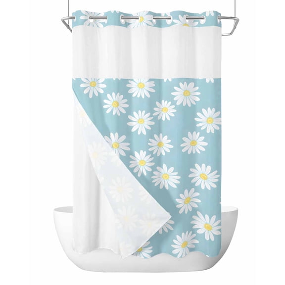 Anzona No Hook Shower Curtains, White Teal Daisy Small Shower Curtains with Snap in Liner, Spring Summer Floral Botanical Waterproof Washable Fabric Bathroom Shower Curtain Sets, 36" x 78"