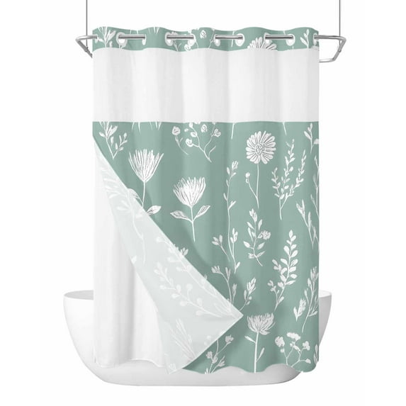Anzona No Hook Shower Curtains, White Teal Spring Floral Standard Bathroom Curtains with Snap in Liner, Summer Flowers Botanical Waterproof Washable Fabric Bathroom Shower Curtain Sets, 60" x 72"