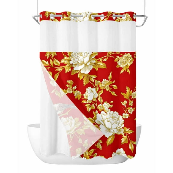 Anzona No Hook Shower Curtains, Yellow Red Flowers Standard Bathroom Curtains with Snap in Liner, Spring Floral Bird Luxury Waterproof Washable Fabric Bathroom Shower Curtain Sets, 60" x 72"