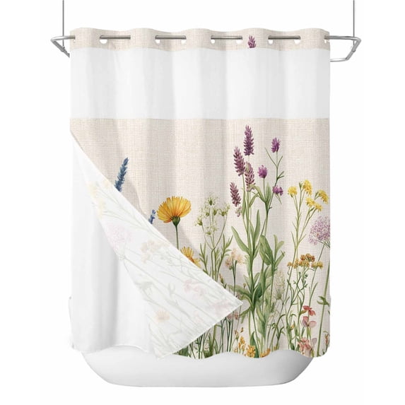 Anzona No Hook Shower Curtains, Yellow Spring Floral Standard Shower Curtains with Snap in Liner, Summer Flowers Botanical Rustic Waterproof Washable Fabric Bathroom Shower Curtain Sets, 66" x 72"