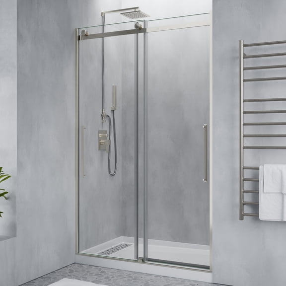Stellar Series 45 to 48 in. x 76 in. Sliding Bypass Frameless Shower Door in Brushed Nickel with Tsunami Guard Tempered Glass