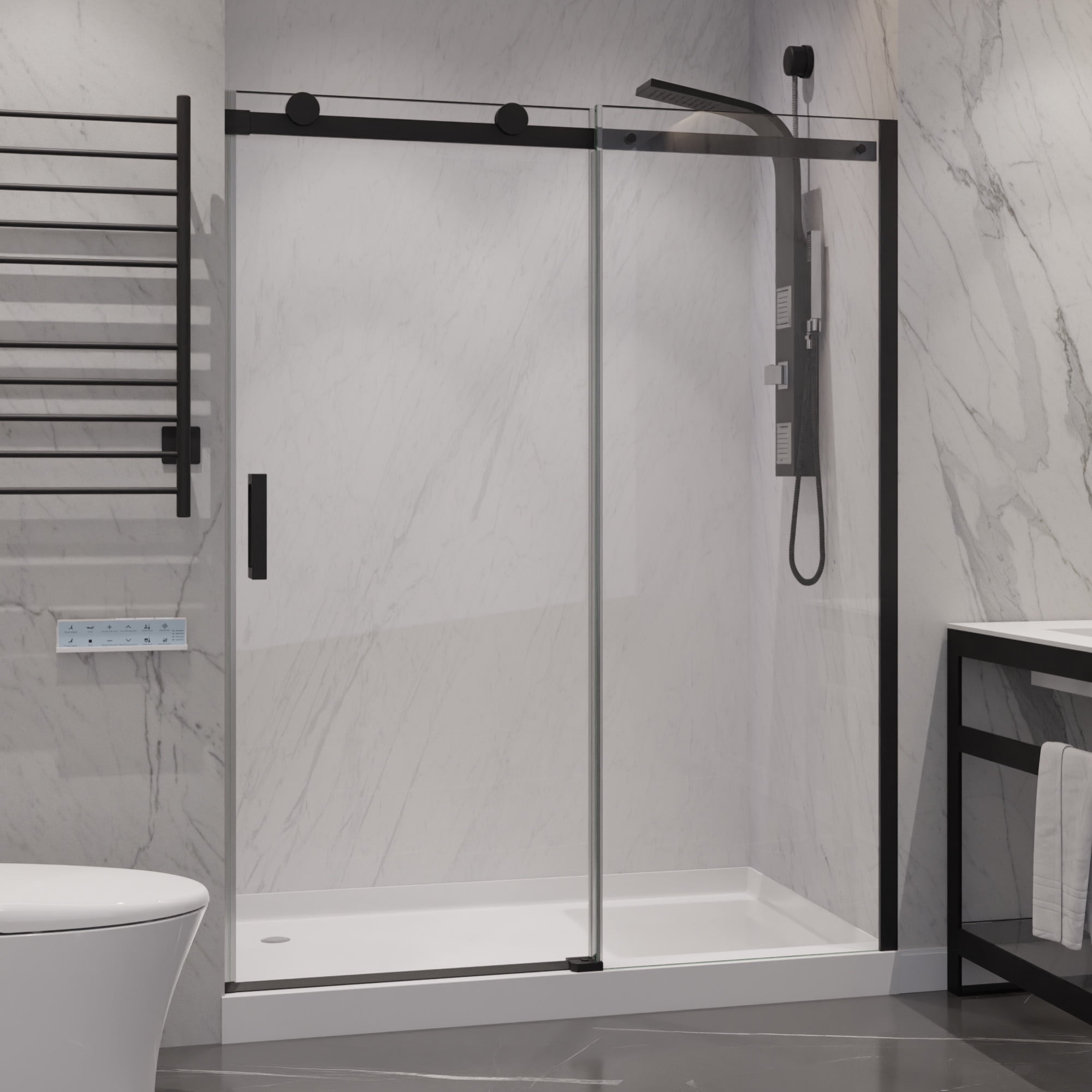 Rhodes Matte Black Frameless Sliding Shower Door with Handle