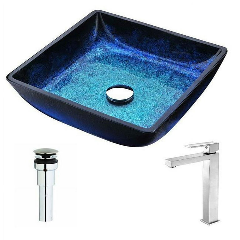 Key Series Deco-Glass Vessel Sink in Lustrous Blue and Black with Enti Faucet in Chrome Key Series Deco-Glass Vessel Sink in Lustrous Blue and Black with Enti Faucet in Chrome