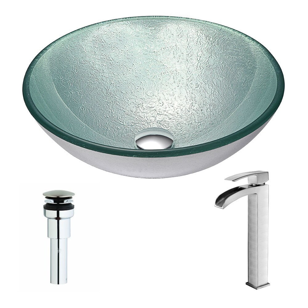 Spirito 16.5'' Churning Silver Tempered Glass Circular Bathroom Sink with Brushed Nickel Faucet