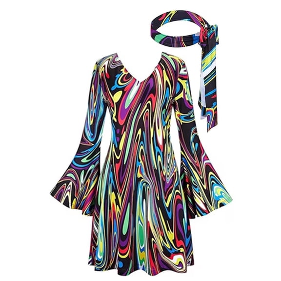AoDai 1970s and 1980s vintage hippie dresses with colorful abstract print bell sleeves and V-neck short skirts, suitable for women as Halloween costumes.