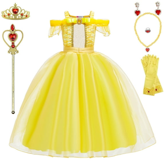 AoDai Belle Costume For Girls Princess Belle Dress Up Birthday Christmas Party Outfit with Accessories 2T 3T(100CM,Q98)