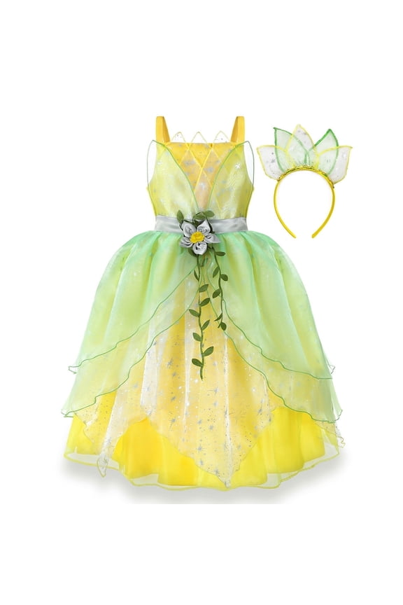 Deluxe Princess Tiana Costumes Little Girls Dress Kids Fancy Gown Cosplay Halloween Party
