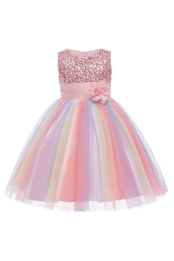 Flower Girls Sequin Dress Rainbow Tutu Birthday Party Princess Dress Pageant Gown for Age 3-10 Years Old