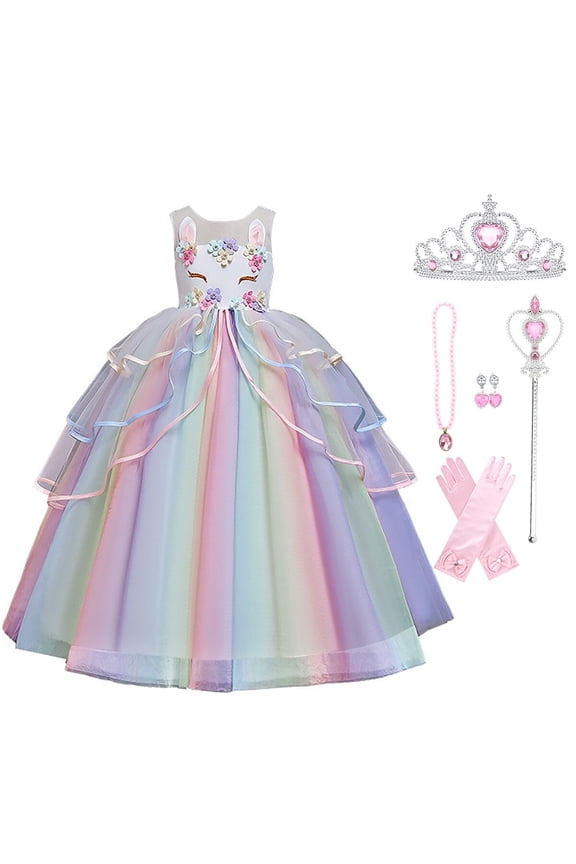 Girls Unicorn Princess Dress Fancy Party Costume Dress up Wedding Birthday Party Gown for Age 3-14 Years Old