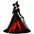 thumbnail image 1 of AoDai Gothic style long-sleeved witch dress with ghost castle print, suitable for Halloween party cosplay (all dress patterns are printed, the dress does not include a petticoat)., 1 of 6