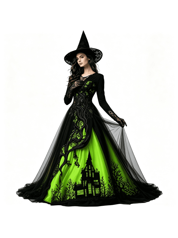 Halloween witch costume, Gothic style long-sleeved witch dress, ghost castle printed long dress, suitable for Halloween party role-playing