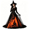 thumbnail image 1 of AoDai Gothic style long-sleeved witch dress with ghost castle print, suitable for Halloween party cosplay (all dress patterns are printed, the dress does not include a petticoat)., 1 of 6