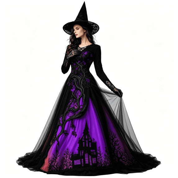 AoDai Gothic style long-sleeved witch dress with ghost castle print, suitable for Halloween party cosplay (all dress patterns are printed, the dress does not include a petticoat).