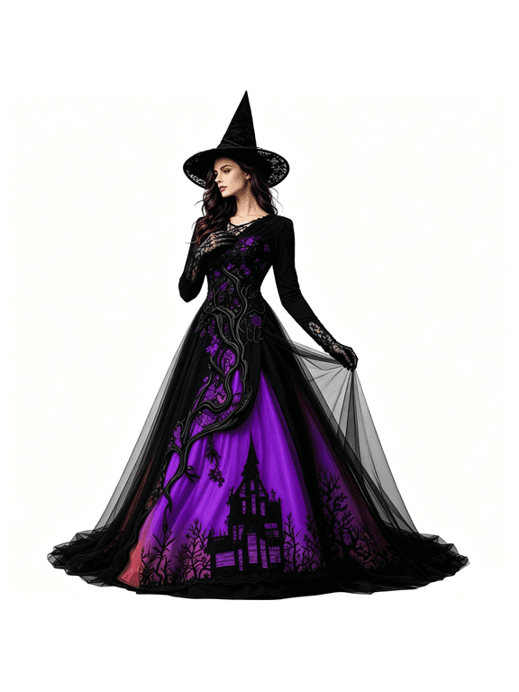 Halloween witch costume, Gothic style long-sleeved witch dress, ghost castle printed long dress, suitable for Halloween party role-playing