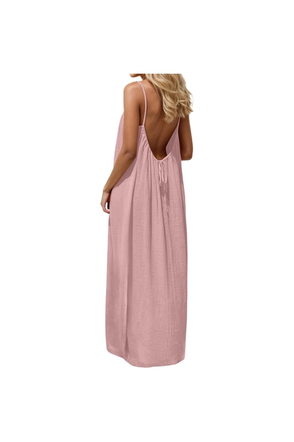 Lady's backless halter dress, casual halter dress, solid-color sleeveless home wear, long halter dress