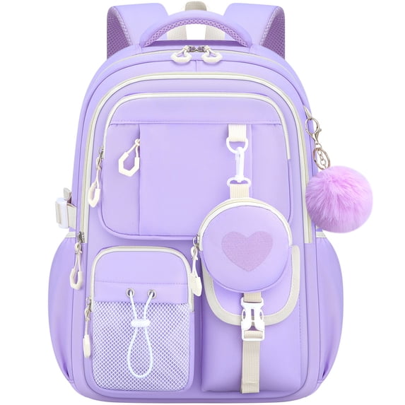 AoDai Love-themed schoolbag for little girls with a double shoulder strap. Large-capacity children's schoolbag with a cute little wallet and pompom pendant.