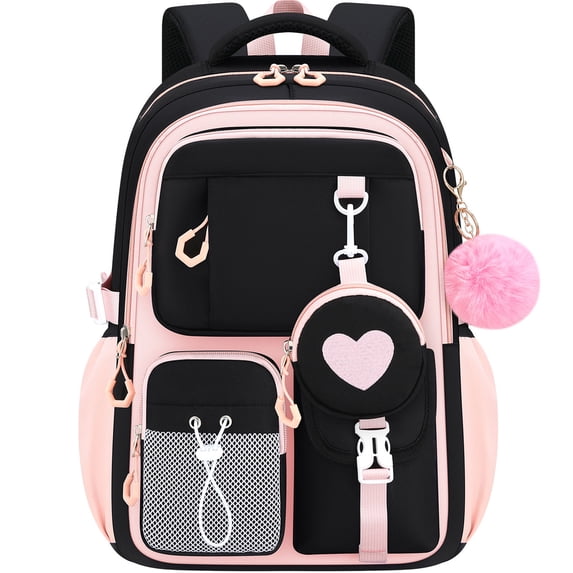AoDai Love-themed schoolbag for little girls with a double shoulder strap. Large-capacity children's schoolbag with a cute little wallet and pompom pendant.