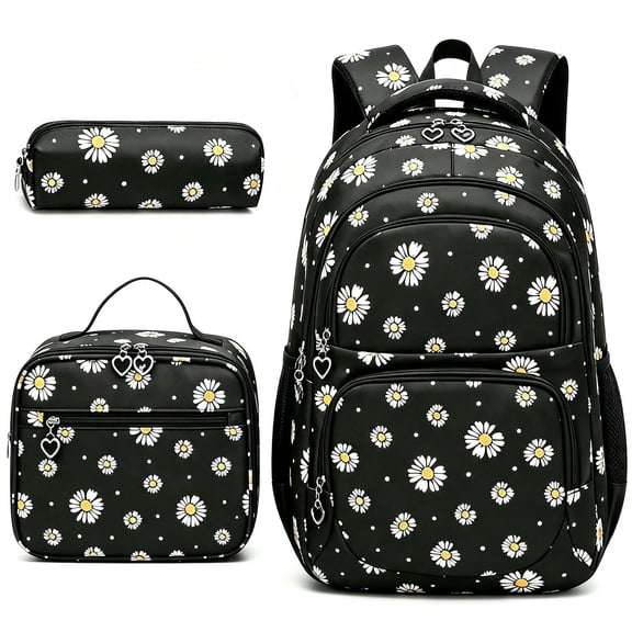 AoDai Pink Daisy Backpack Set for School with Lunch Bags Water Resistant Lightweight Large Backpacks for Teen