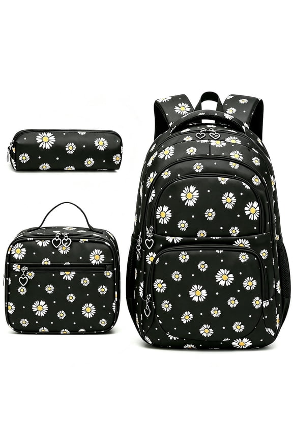 Pink Daisy Backpack Set for School with Lunch Bags Water Resistant Lightweight Large Backpacks for Teen