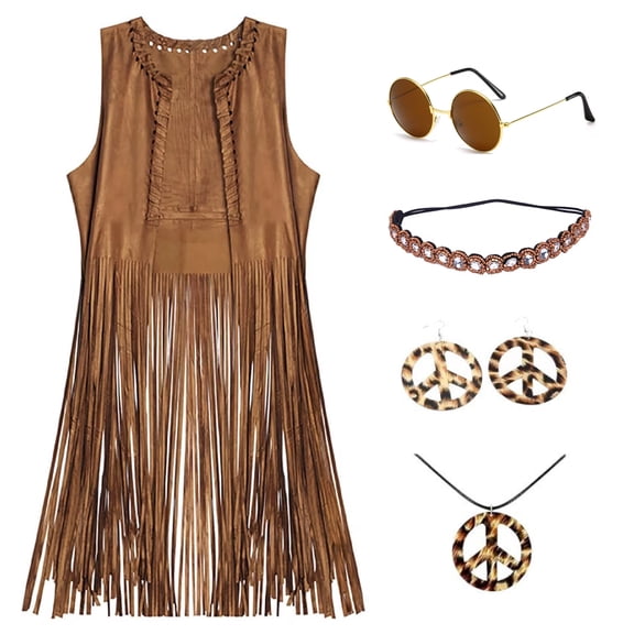 AoDai Retro Hippie Fringe Sleeveless Dress Set - 70s Retro Party Cosplay Costume with Accessories