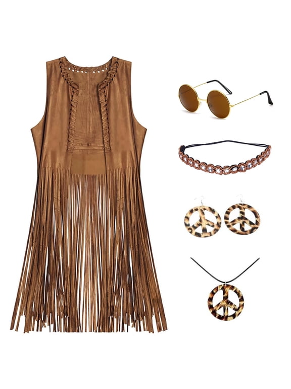 Retro Hippie Fringe Sleeveless Dress Set - 70s Retro Party Cosplay Costume with Accessories
