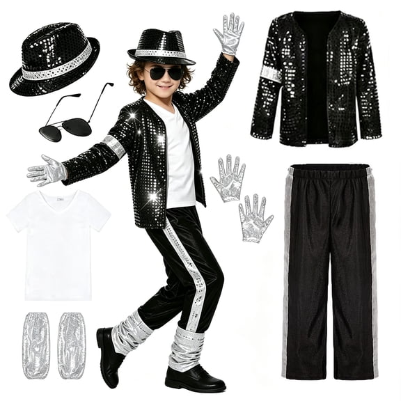 AoDai Superstar clothing, 1980s retro black sequined jacket, pants, hat and gloves, stage costume for Halloween