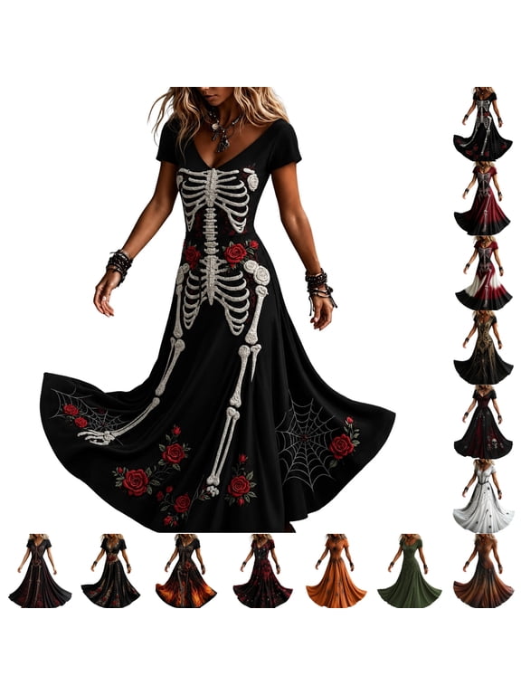 Women's Gothic Spiderweb-Print V-Neck Short-Sleeve Maxi Dress, Halloween Cosplay Dress, Retro Full-Skirted Dress