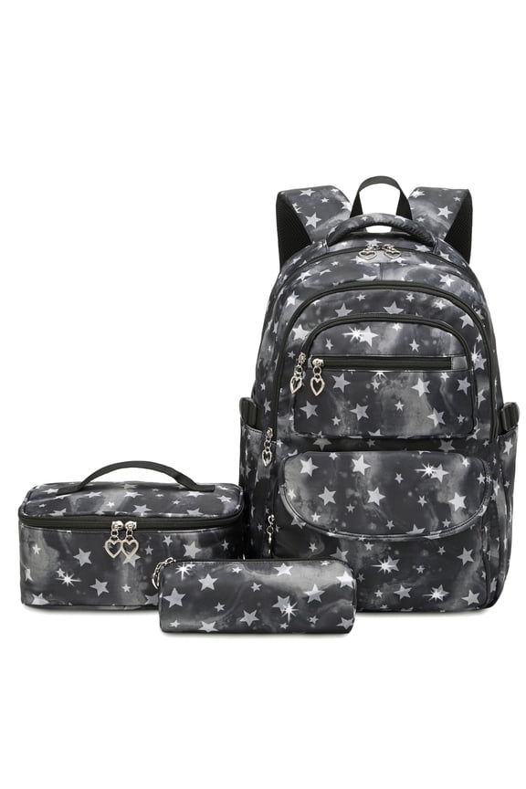 customized Black Star Print School Backpacks Set for Teen with Lunch Bag Water Resistant Lightweight Large Books Bag