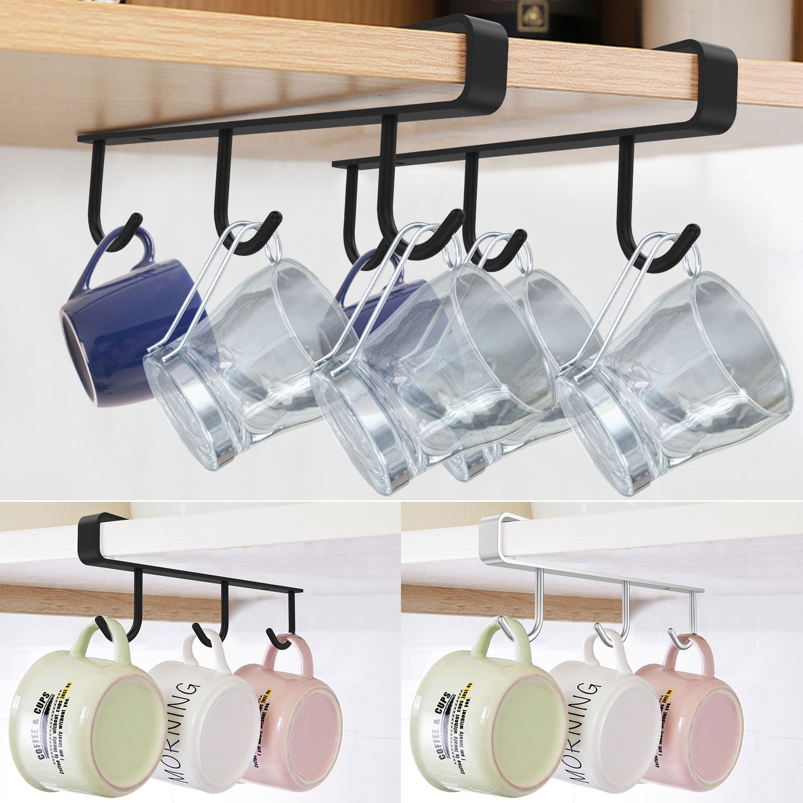 Tcwhniev 2 Piece 304 Stainless Steel 3 Hook Mug Rack Hanging Wardrobe Kitchen Organizer Coffee Tea Cup Holder Under Shelf Cabinet Hanging
