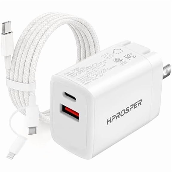 AoVoTo [2-in-1 Cable] 35W Dual Port Fast Charger, PD USB-C & QC3.0 Wall Charger with 3ft Cable for iPhone 17/16/15 Pro Max/Plus, iPad, Samsung, AirPods - 7X Faster Charging
