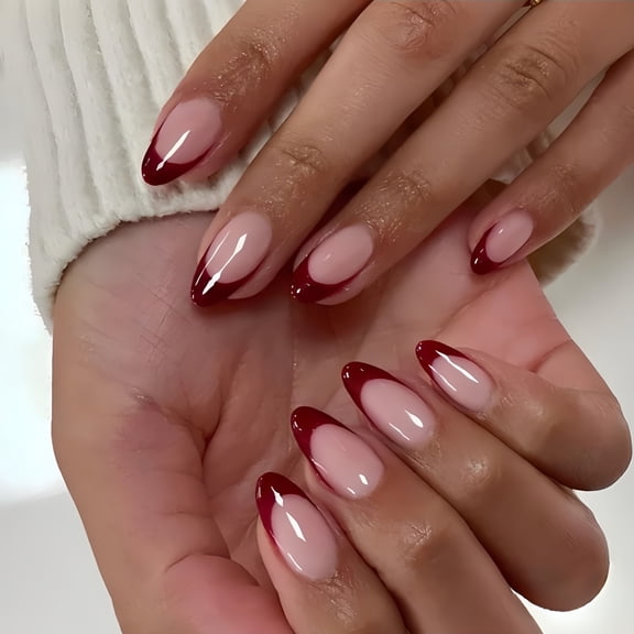 AoVoTo 24Pcs Dark Red Medium Almond Press on Nails Full Cover Acrylic False Nails Wine Red Medium Length Fake Nails for Women Daily Party Wedding