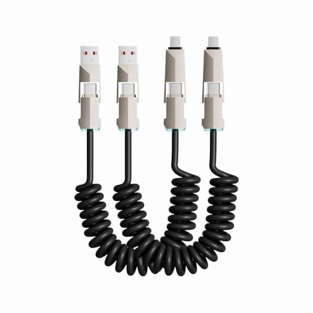 AoVoTo 4 in 1 Spring Fast Charging Cable (2Pack), 240W USB-C PD Multi Fast Charging, 1.2m/5ft Coiled Retractable Cable for iPhone, Samsung, iPad, MacBook,Tablets - Black