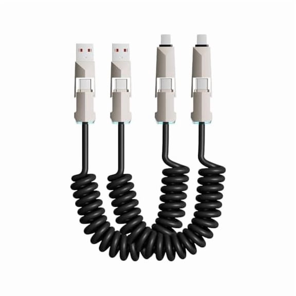 AoVoTo 4 in 1 Spring Fast Charging Cable (2Pack), 240W USB-C PD Multi Fast Charging, 1.2m/5ft Coiled Retractable Cable for iPhone, Samsung, iPad, MacBook,Tablets - Black
