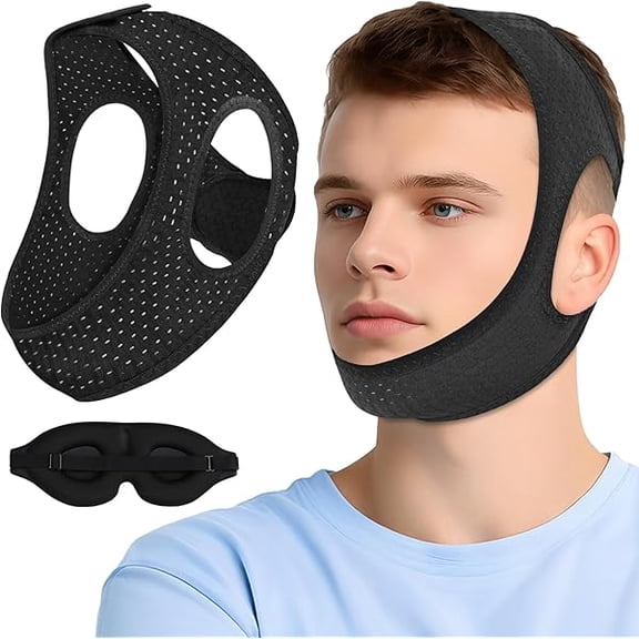 AoVoTo Chin Strap for Sleeping, Anti Snoring Devices Comfortable Effective Stop Snoring Solution, Snore Stopper Breathable, Anti Snore Chin Strap Adjustable Velcro, with Eye Mask, Black