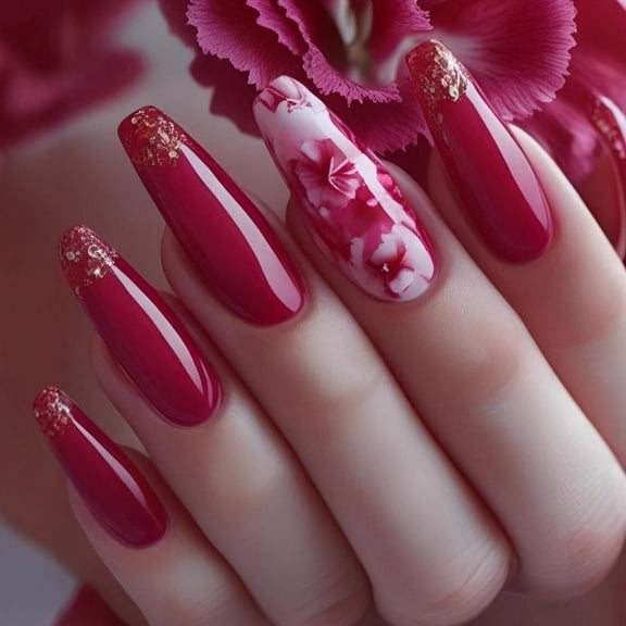 AoVoTo Long Coffin Ballet Press On Nails ,Valentines Day Theme Rose Red Flower Glitter Fake Nails, Full Cover Artificial Nails (24Pcs)