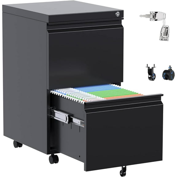 Aobabo 2 Drawer File Cabinet, Metal Filing Cabinet with Lock for Office Legal/Letter Size, Black, Fully Assembled Except Wheels