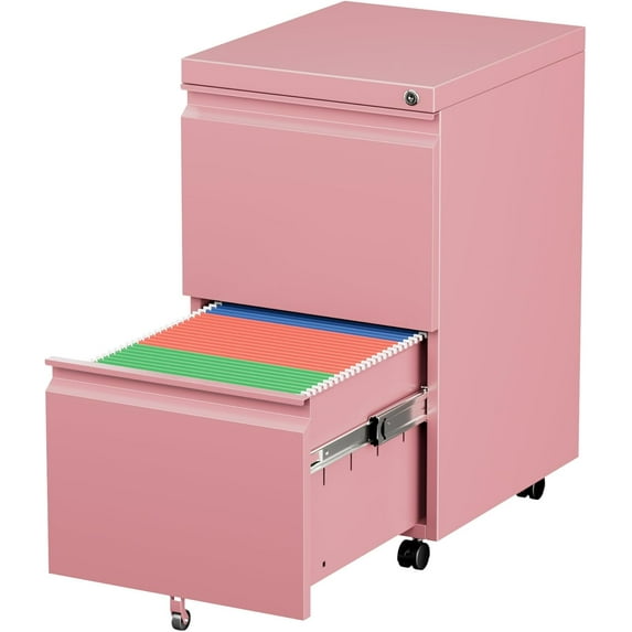 Aobabo 2 Drawer File Cabinet with Wheels, Lockable Metal Filing Cabinet for Home Office, Legal/Letter Size, Fully Assembled Except Wheels, Pink