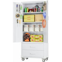 Aobabo 2 Large Drawer Metal Storage Cabinet with Wheels, Lockable Steel Storage Cabinet with 3 Adjustable Shelves with 6 Hooks for Home, Office, Garage, Classroom, White, Assembly Required