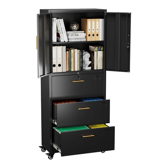 Aobabo 3 Drawer Metal Lateral File Cabinet with Wheels & Shelf , Wide Filing Cabinet with Lock for Office,Home,School,Garage,Fit A4/Letter/Legal File,Required-Assembly,Black