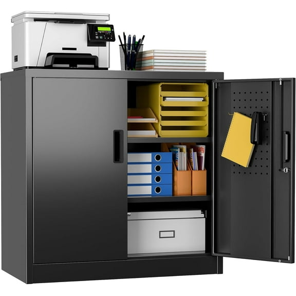 Aobabo 31.5" H Metal Storage Cabinet with 2 Shelves, Garage Storage Cabinet with Lock and 4 Hooks for Home Office Garage, Black, Assembly Required