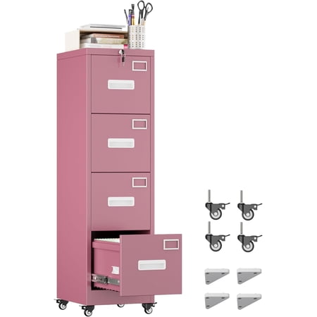 Aobabo 4 Drawer File Cabinet with wheels, Metal Vertical File Storage Cabinet with Lock, Office Home Steel Vertical File Cabinet for A4 Letter /Legal Size Assembly Required,Pink