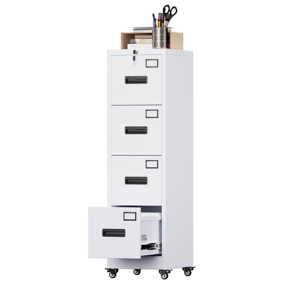 Aobabo 4 Drawer Metal File Cabinet on Wheels,56''H Steel Vertical File Storage Cabinet with Lock,Office Home File Cabinet for A4 Letter /Legal Size,White,Assembly Required