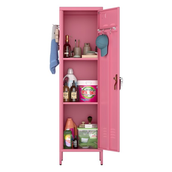 Aobabo 54" H Metal Storage Locker for Employees, Metal Storage Cabinet,Lockable 1 Door with Towel Rack and 2 Side Pegboards with Hooks for School Garage Office Gym Bedroom, Assembly Required,Pink