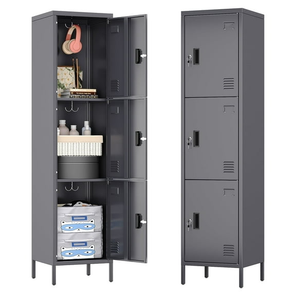 Aobabo 66.2" H Metal Locker with Hooks and Ventilation Holes,3 Door Metal Storage Locker with Keys and Business Card Slof for Home,Gym,Garage,School,Office,Assembly Required,Dark Gray