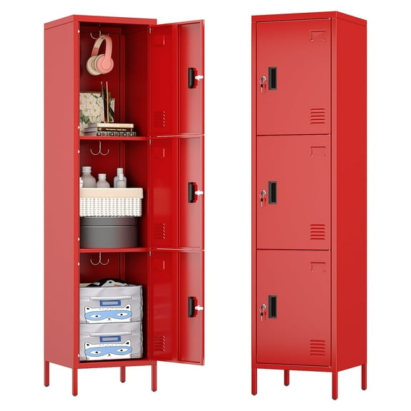 Aobabo 66.2" H Metal Locker with Hooks and Ventilation Holes,3 Door Metal Storage Locker with Keys and Business Card Slof for Home,Gym,Garage,School,Office,Red,Assembly Required