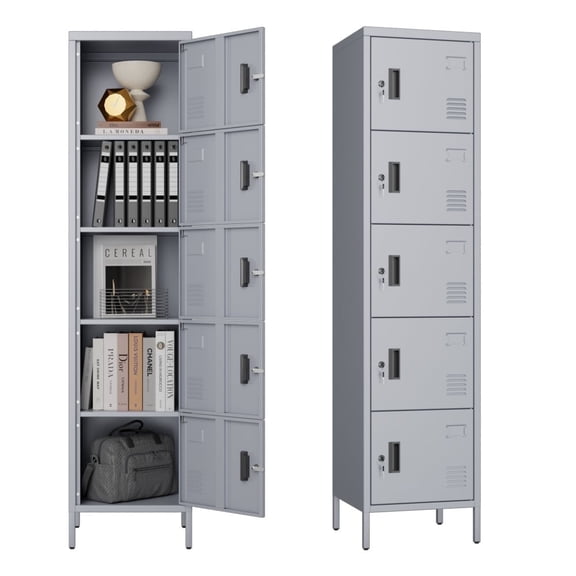 Aobabo 66.2" H Metal Locker with Hooks and Ventilation Holes,5 Door Metal Storage Locker with Keys and Business Card Slof for Home,Gym,Garage,School,Office,Assembly Required,Dark Gray